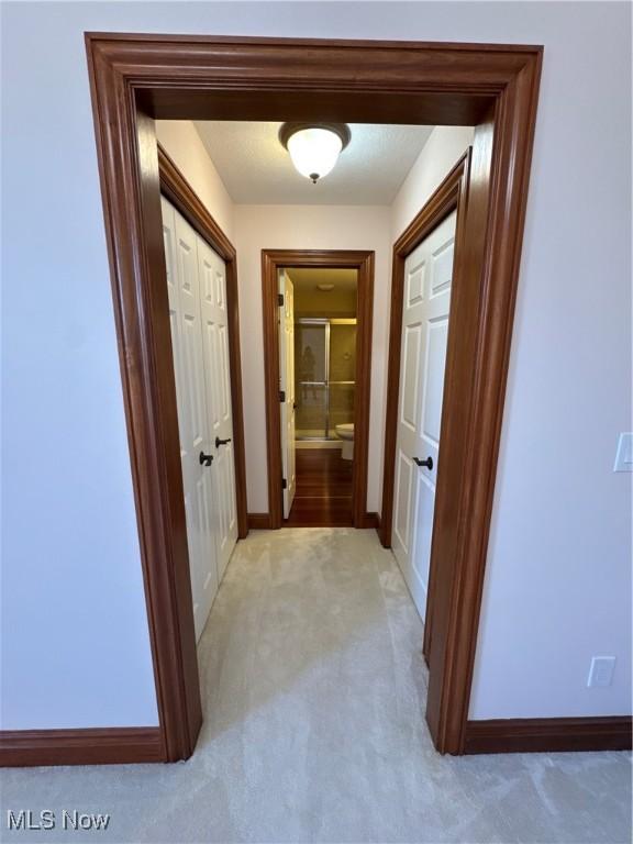 hallway featuring baseboards and light carpet