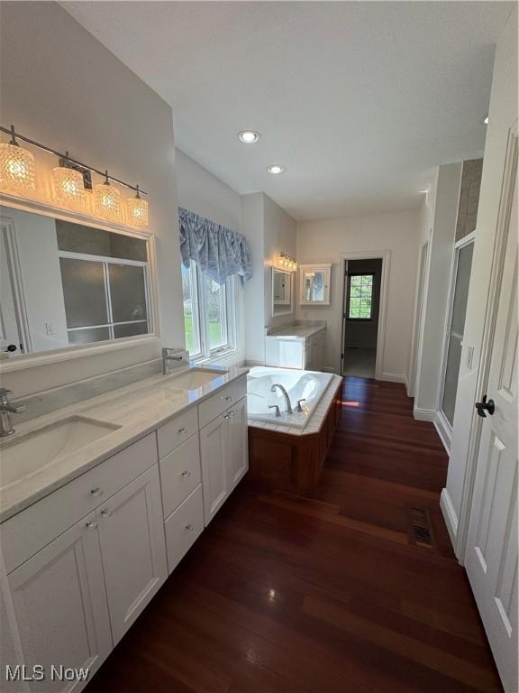 bathroom featuring a sink, a stall shower, wood finished floors, and a wealth of natural light