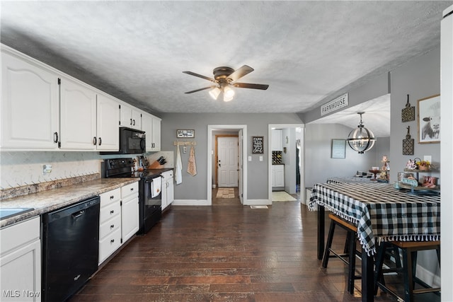 kitchen featuring ceiling fan, a textured ceiling, white cabinetry, black appliances, and dark hardwood / wood-style flooring