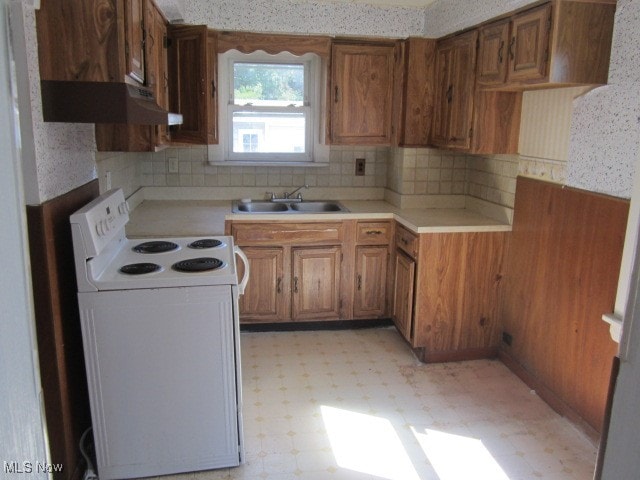 kitchen with ventilation hood, sink, white range with electric stovetop, and tasteful backsplash