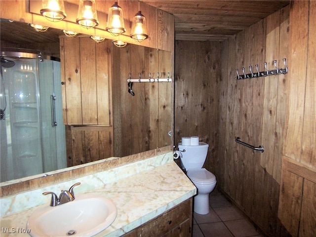 bathroom featuring a shower with shower door, wood ceiling, wood walls, and toilet