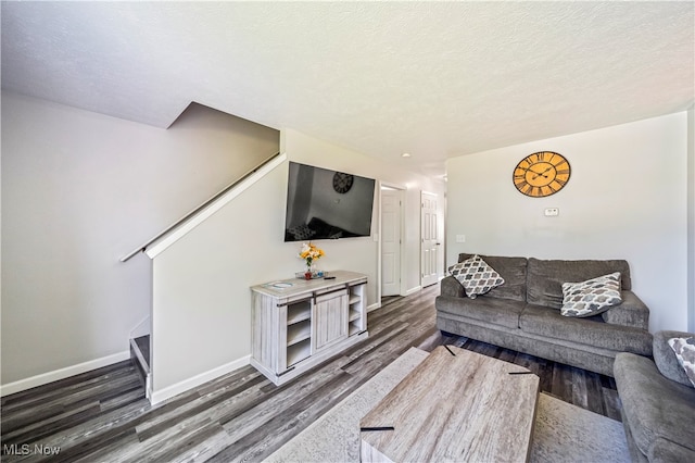 living room with a textured ceiling and wood-type flooring