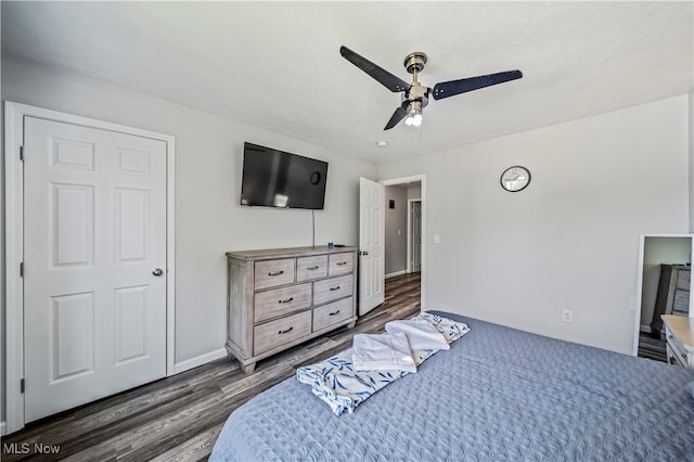 bedroom featuring ceiling fan and dark hardwood / wood-style flooring