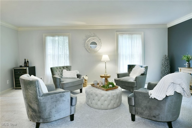 carpeted living room featuring crown molding