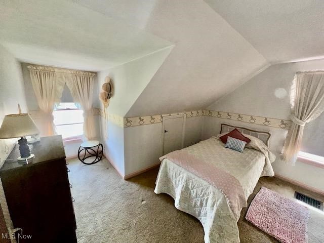 bedroom featuring carpet flooring and lofted ceiling