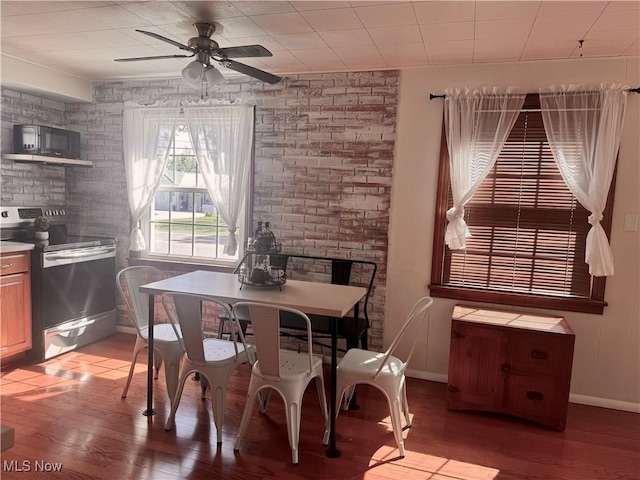 dining space with ceiling fan and hardwood / wood-style floors