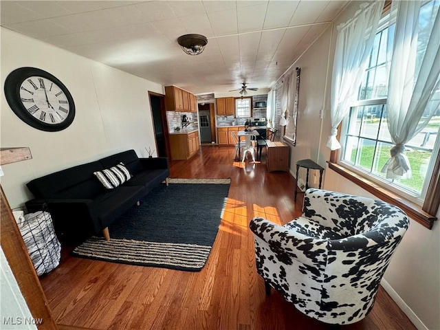 living room with hardwood / wood-style floors and ceiling fan