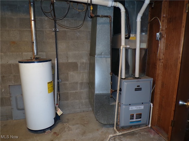 utility room featuring gas water heater and heating unit