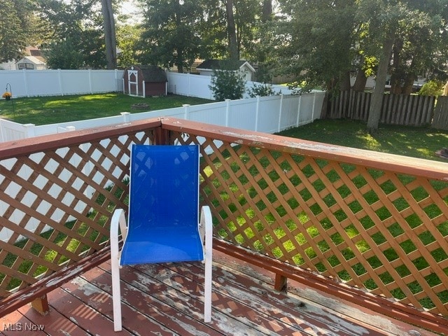 wooden terrace with a lawn and a storage unit