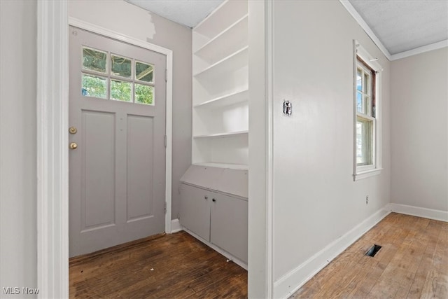 interior space featuring a textured ceiling, dark wood-type flooring, and a wealth of natural light