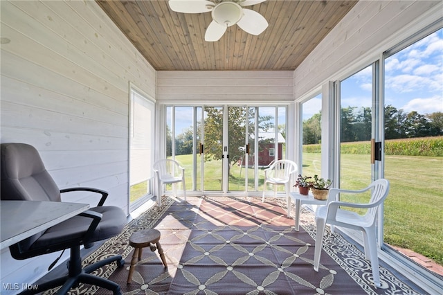 sunroom / solarium featuring ceiling fan and wooden ceiling