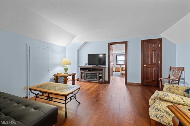 living room featuring lofted ceiling and dark hardwood / wood-style flooring