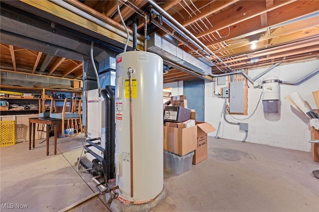 basement with water heater and electric panel