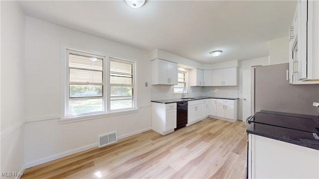 kitchen with white electric stove, light hardwood / wood-style floors, white cabinetry, and dishwasher