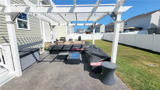 view of patio with a pergola and outdoor lounge area