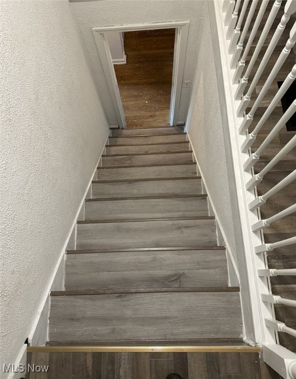 stairway with hardwood / wood-style flooring