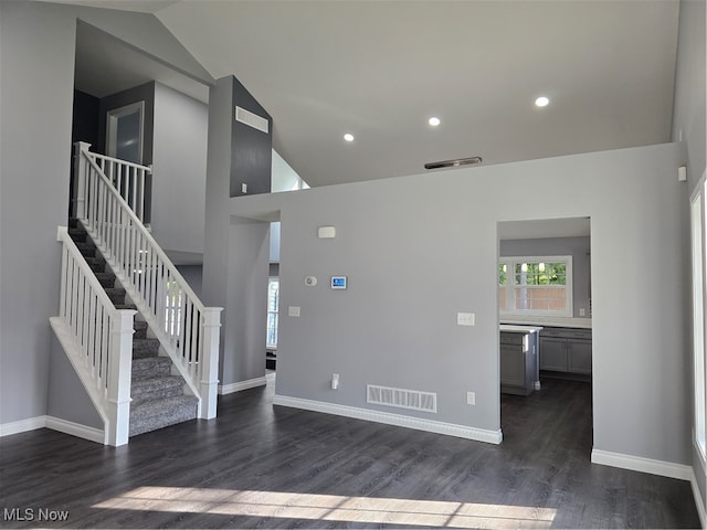 interior space featuring dark wood-type flooring and high vaulted ceiling