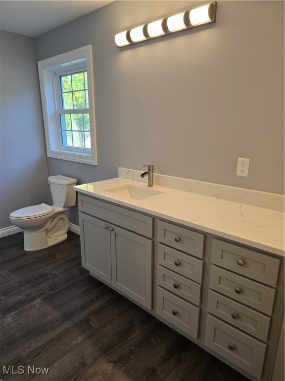 bathroom featuring wood-type flooring, vanity, and toilet