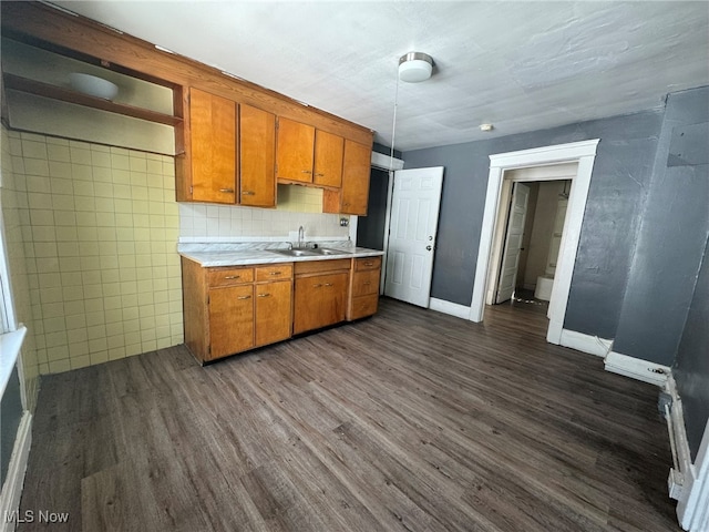 kitchen with hanging light fixtures, dark hardwood / wood-style floors, and sink