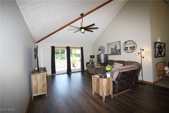 living room featuring high vaulted ceiling, ceiling fan, dark hardwood / wood-style floors, and a textured ceiling