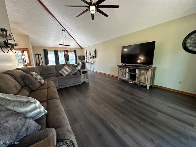 living room with ceiling fan, a textured ceiling, dark hardwood / wood-style floors, and vaulted ceiling