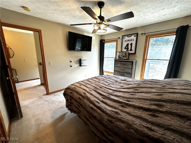 carpeted bedroom with ceiling fan, multiple windows, and a textured ceiling