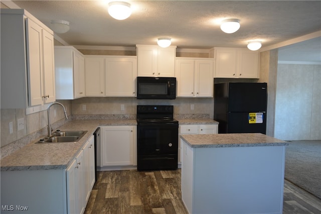 kitchen featuring white cabinets, a textured ceiling, black appliances, dark hardwood / wood-style floors, and sink