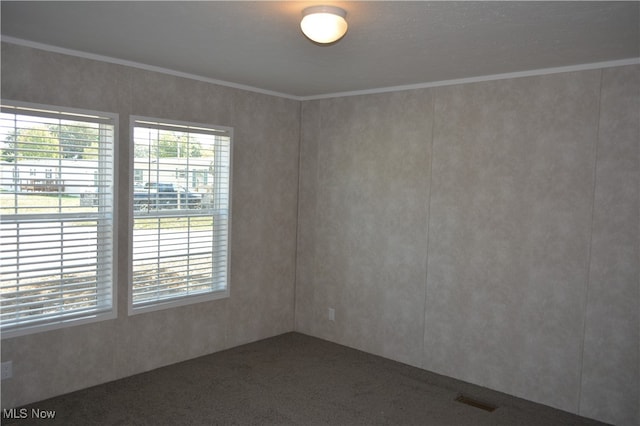 spare room featuring ornamental molding and dark colored carpet