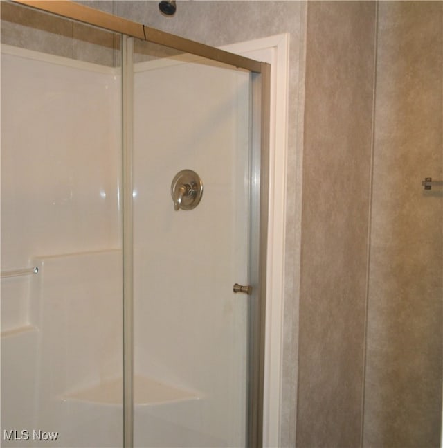 bathroom featuring a shower with shower door