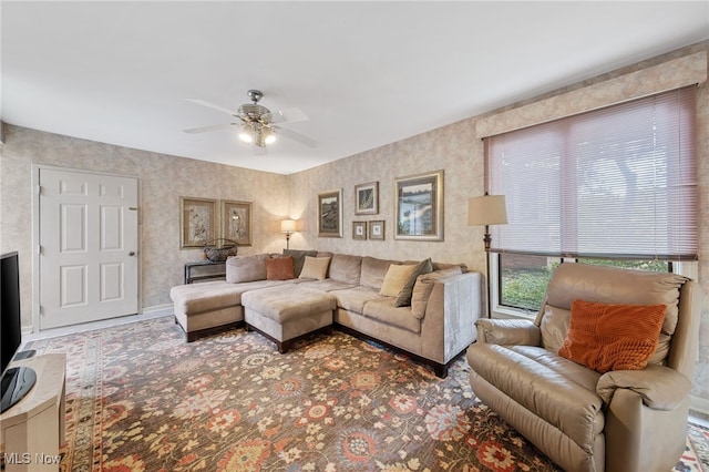 living room featuring ceiling fan