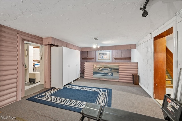 interior space featuring a textured ceiling, light colored carpet, and rustic walls