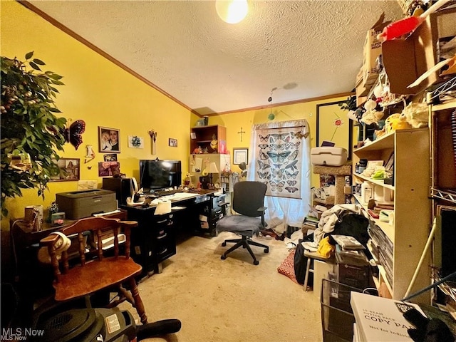 office space with light carpet, lofted ceiling, a textured ceiling, and ornamental molding