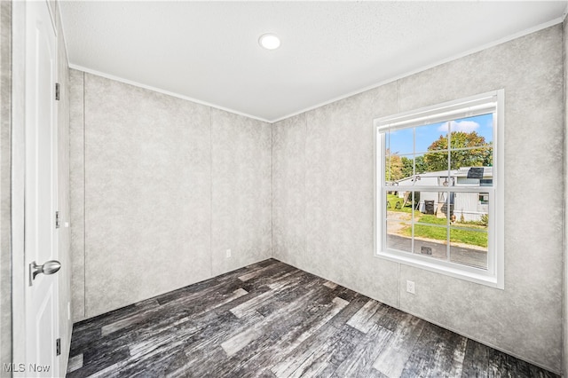 spare room with a textured ceiling, dark hardwood / wood-style floors, and crown molding