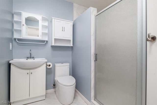 bathroom featuring walk in shower, vanity, and toilet