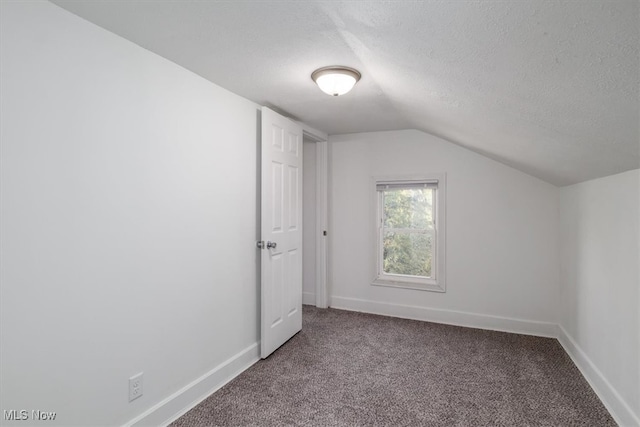 additional living space with carpet flooring, a textured ceiling, and vaulted ceiling