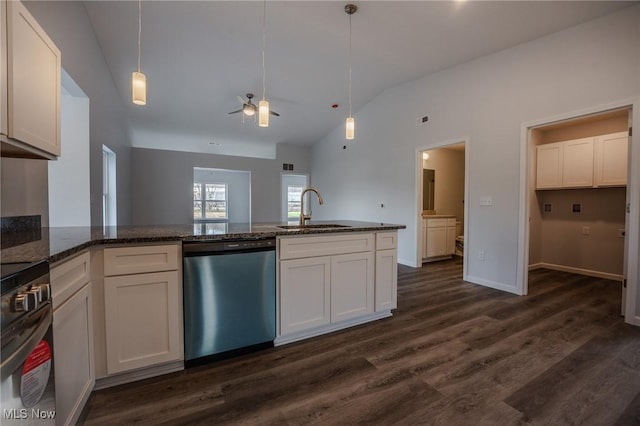 kitchen with ceiling fan, dishwasher, sink, pendant lighting, and white cabinets