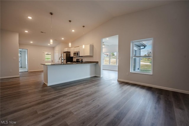 kitchen with stainless steel appliances, dark hardwood / wood-style flooring, vaulted ceiling, decorative light fixtures, and white cabinets