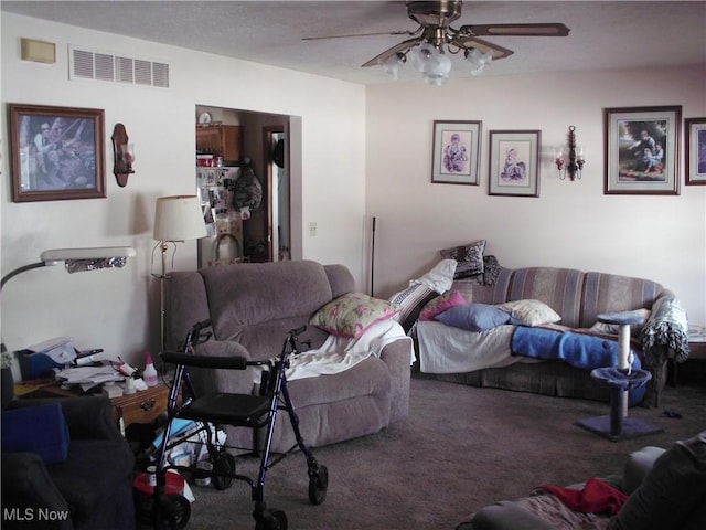 carpeted living room featuring ceiling fan