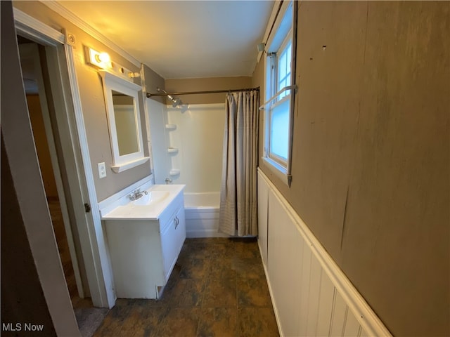 bathroom featuring vanity and shower / tub combo with curtain