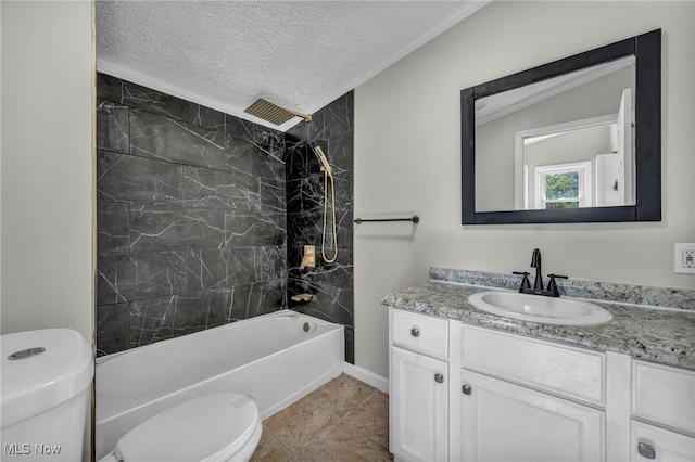 full bathroom with vanity, toilet, tiled shower / bath combo, a textured ceiling, and vaulted ceiling