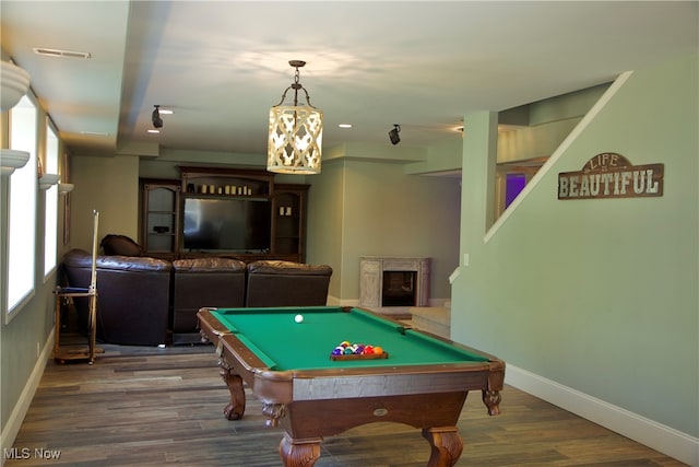 playroom with dark wood-type flooring and billiards