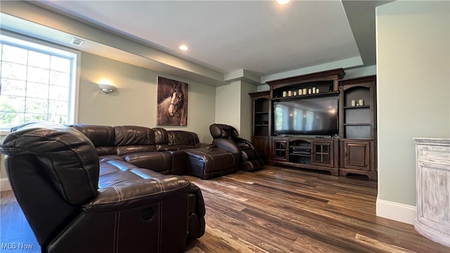 living room with dark wood-type flooring