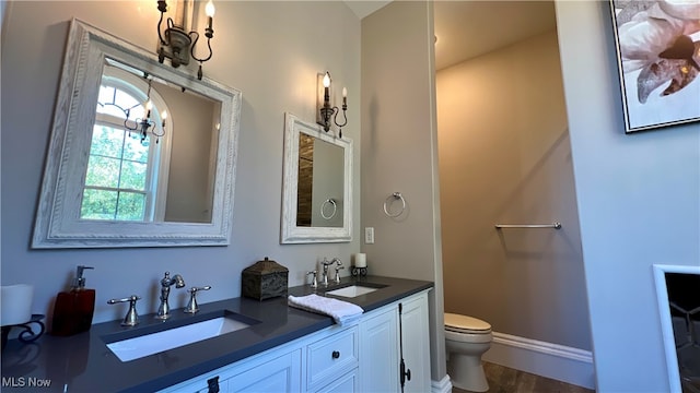 bathroom with vanity, toilet, and hardwood / wood-style flooring