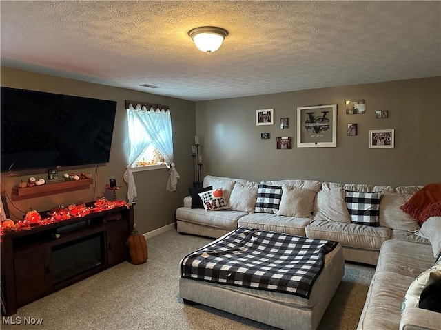 living room with carpet and a textured ceiling