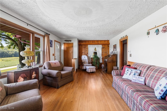 living room featuring light hardwood / wood-style floors and a textured ceiling