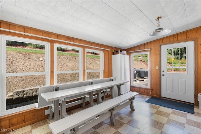 interior space featuring wooden walls, lofted ceiling, and a healthy amount of sunlight