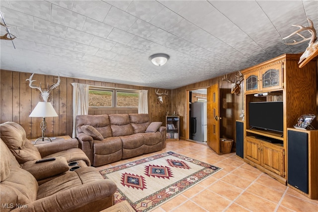 tiled living room with wooden walls