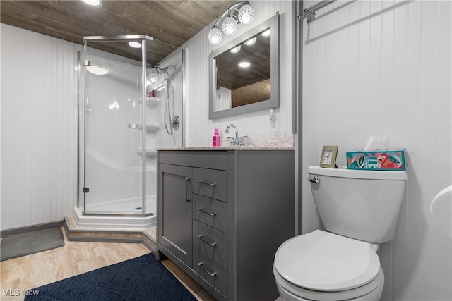 bathroom with wooden walls, a shower with door, wooden ceiling, vanity, and toilet