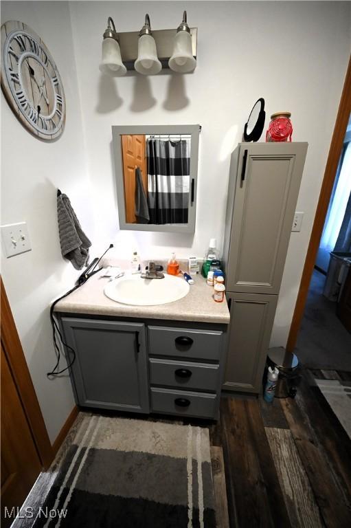 bathroom with hardwood / wood-style floors and vanity