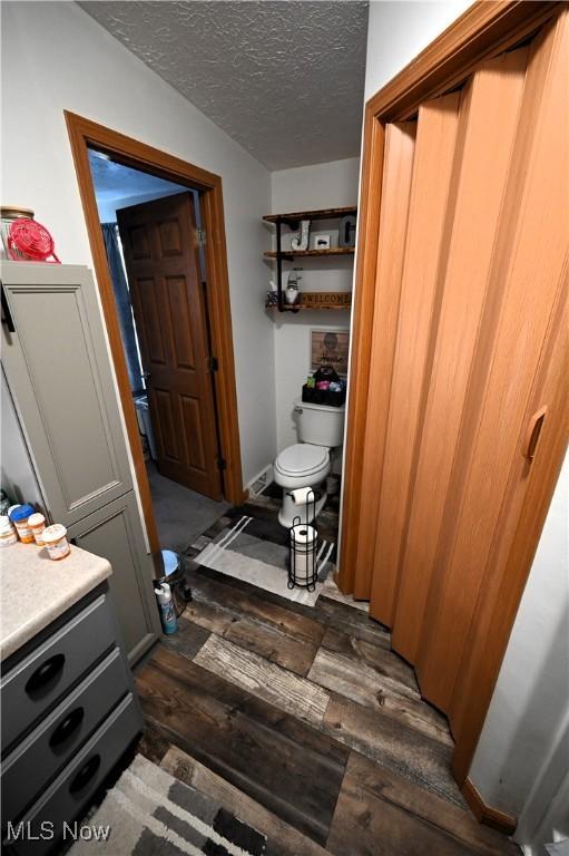 bathroom with vanity, wood-type flooring, a textured ceiling, and toilet